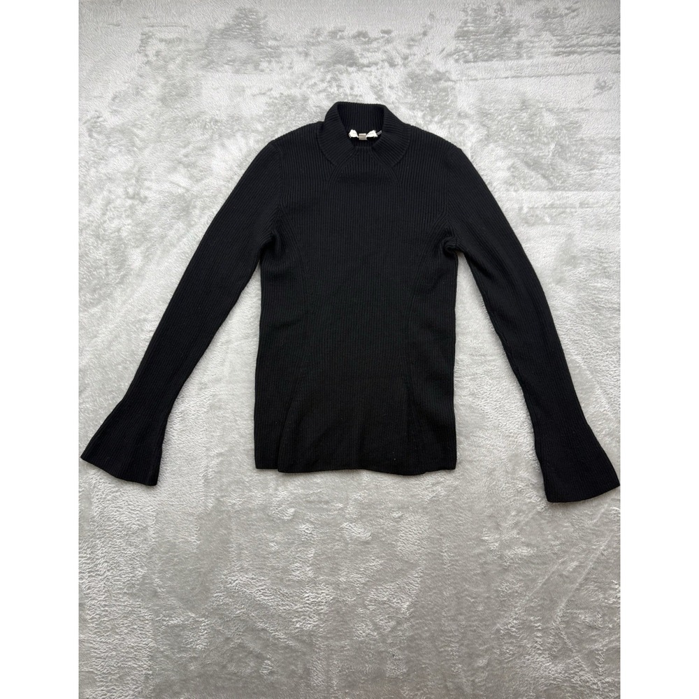 Tory‎ Burch Black Ribbed Mock Neck Merino Wool Bell Sleeve Sweater  Size Large